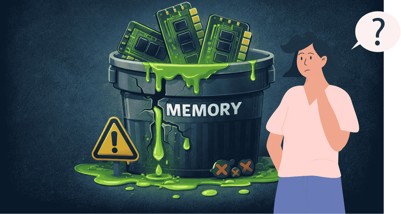 Minh họa Memory Leaks (rò rỉ bộ nhớ) trong kỷ nguyên AI Agent: Một chiếc xô tràn đầy linh kiện và chất lỏng màu xanh, biểu tượng cho thách thức vô hình đe dọa sự sống còn của các startup công nghệ.