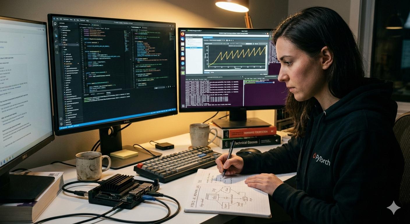 Kỹ sư AI đang tập trung debug mã nguồn C++ và Python trên nhiều màn hình hiển thị đồ thị profiler memory sawtooth pattern (răng cưa) keeps rising, minh họa việc truy vết memory leak.